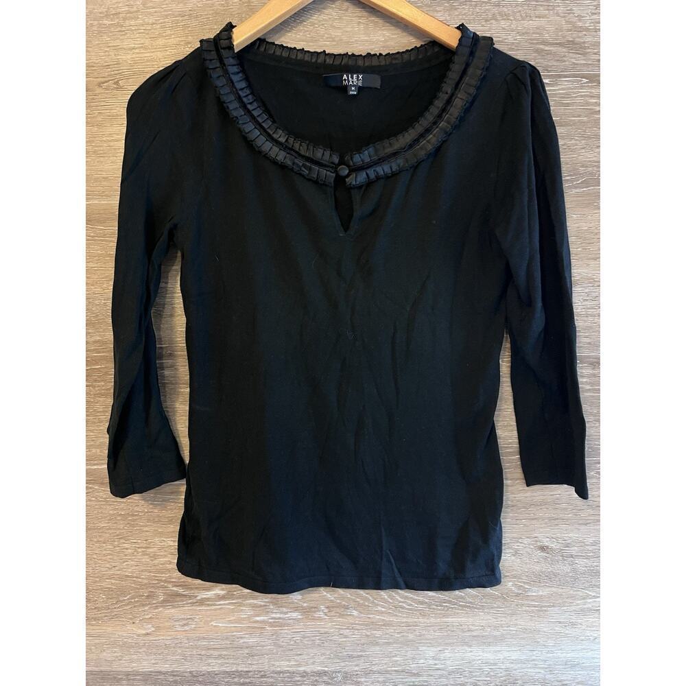 Alex Marie Black Top 3/4 Sleeve Blouse Silk Cotton Blend Ruffle Size Medium